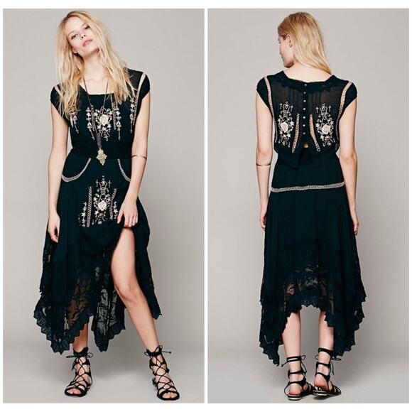 Free People New Romantics Delphine Midi Dress Size 10 Black Embroidered Boho - Picture 1 of 13